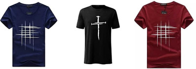 ATTITUDE START OF FASHION Printed Men Round Neck Maroon, Blue, Black T-Shirt