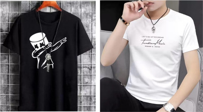 TEE TREE Printed Men Round Neck Black, White T-Shirt