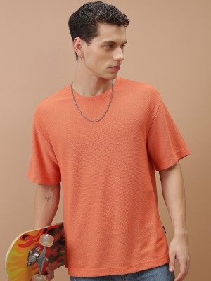 HIGHLANDER Self Design Men Round Neck Orange T-Shirt