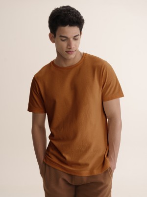 Damensch Solid Men Round Neck Brown T-Shirt