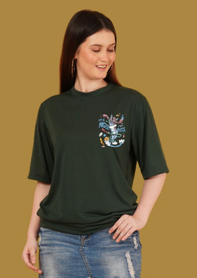 Kasendra Printed Women Round Neck Green T-Shirt