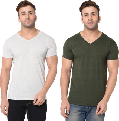 Tresna Fab Solid Men V Neck Dark Green, Grey T-Shirt