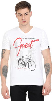 Texman Graphic Print Men V Neck White T-Shirt
