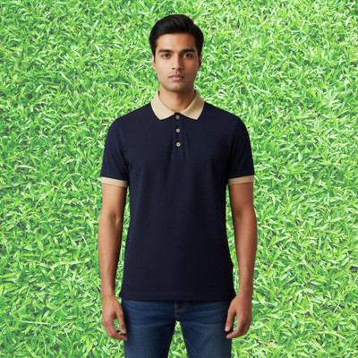 TEREZA Solid Men Polo Neck Navy Blue T-Shirt