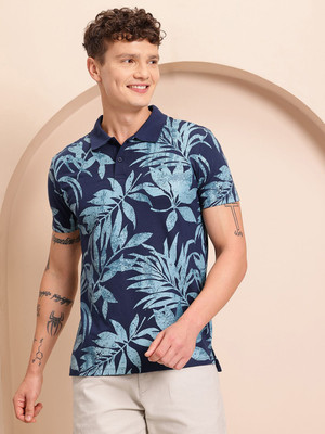 Mast & Harbour Printed Men Polo Neck Blue T-Shirt