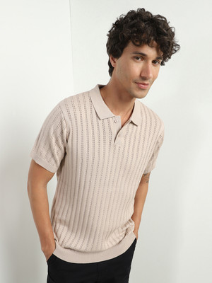 NOBERO Solid Men Polo Neck Beige T-Shirt