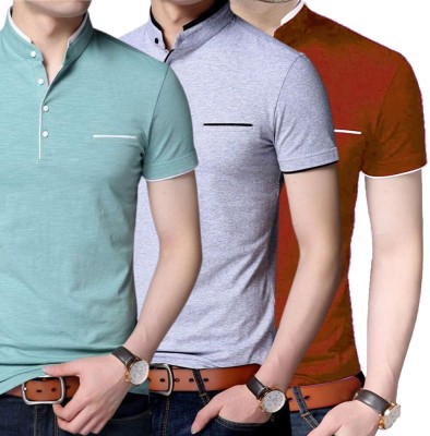 Lets Shine Solid Men Mandarin Collar Light Green, Grey, Red T-Shirt