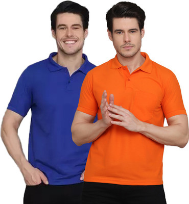 INKKR Solid Men Polo Neck Blue, Yellow T-Shirt