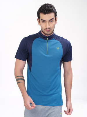 TECHNOSPORT Colorblock Men Mandarin Collar Blue T-Shirt