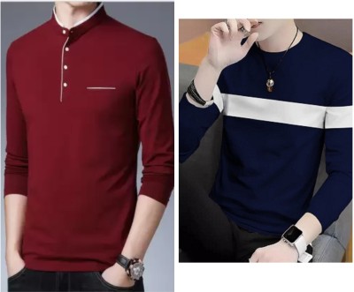 Pachirisu Solid Men Mandarin Collar Maroon, Navy Blue T-Shirt