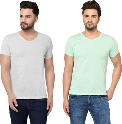 Tresna Trendy Solid Men V Neck Grey, Green T-Shirt