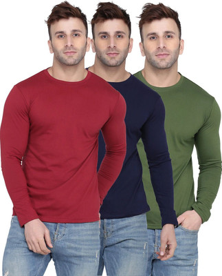 Kroptee Solid Men Round Neck Dark Blue, Green, Maroon T-Shirt