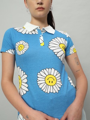 THE DRY STATE Printed Women Round Neck White, Blue, Yellow T-Shirt