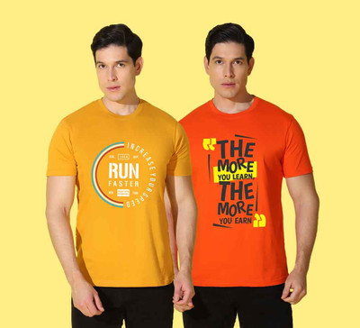 WOOSTRO Printed Men Round Neck Yellow, Orange T-Shirt