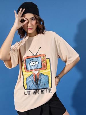 Tokyo Talkies Printed, Typography Women Round Neck Beige T-Shirt