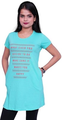 PLUSH PUSH THE FASHION Printed Women Round Neck Light Blue T-Shirt