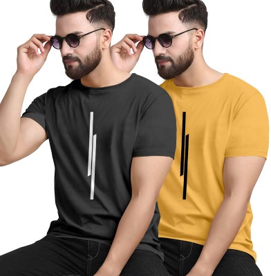 KAJARU Printed Men Round Neck Black, Yellow T-Shirt