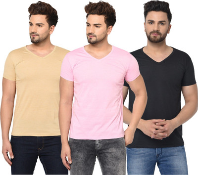 JB Jagoboy Solid Men V Neck Black, Pink, Beige T-Shirt
