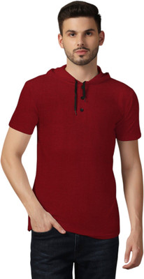 GEUM Solid Men Hooded Neck Maroon T-Shirt