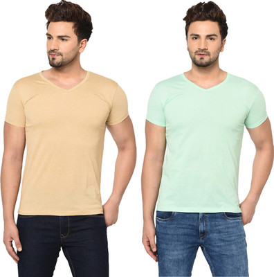 Adorbs Trend Solid Men V Neck Beige, Green T-Shirt