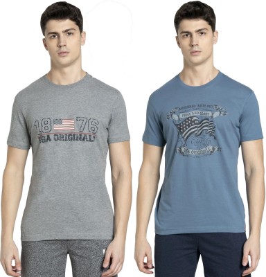 JOCKEY Graphic Print Men Round Neck Grey, Blue T-Shirt