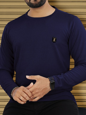 VeBNoR Solid Men Round Neck Navy Blue T-Shirt