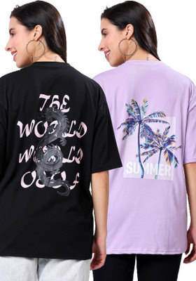 TQH Graphic Print Women Round Neck Black, Purple T-Shirt