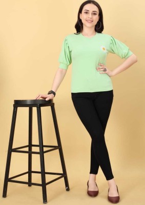 ABCD Printed Women Polo Neck Green T-Shirt