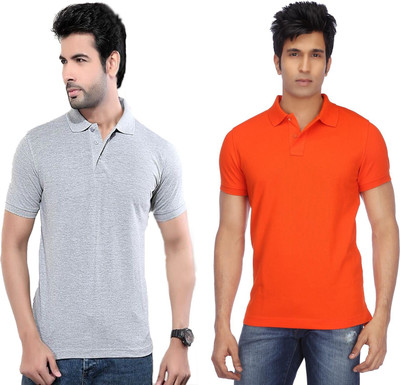 KETEX Solid Men Polo Neck Orange, Grey T-Shirt