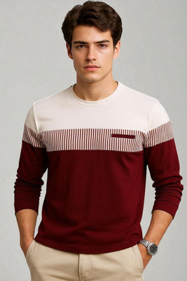 FAOES Colorblock Men Round Neck Maroon T-Shirt