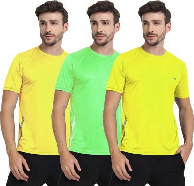 FTX Solid Men Round Neck Green, Yellow T-Shirt