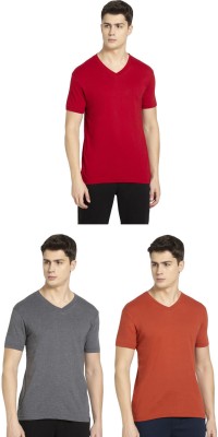 JOCKEY Solid Men V Neck Grey, Orange, Red T-Shirt