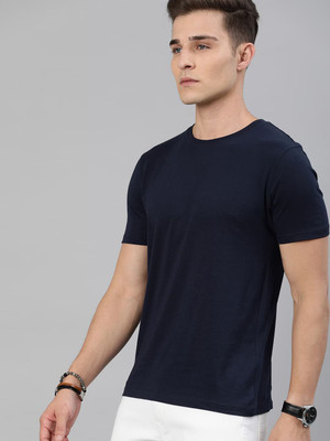 RULEDBYSUN Solid Men Round Neck Navy Blue T-Shirt