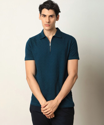 RARE RABBIT Solid Men Polo Neck Dark Blue T-Shirt