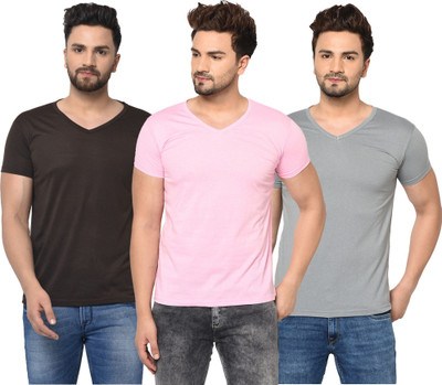 JB Jagoboy Solid Men V Neck Brown, Pink, Grey T-Shirt
