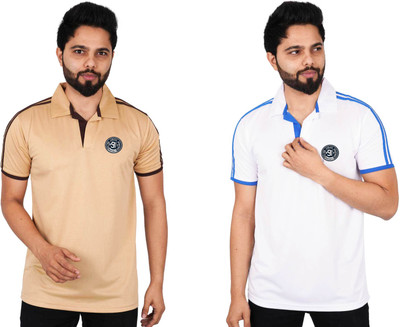 La Milano Printed Men Polo Neck White, Beige T-Shirt