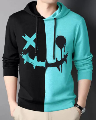 Try This Printed Men Hooded Neck Black, Light Green T-Shirt