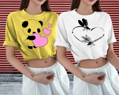 Kushi flyer Printed Women Round Neck Yellow, White T-Shirt