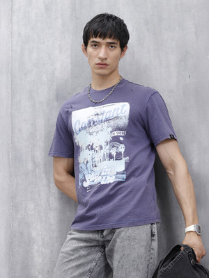 WROGN Graphic Print Men Crew Neck Purple, White T-Shirt
