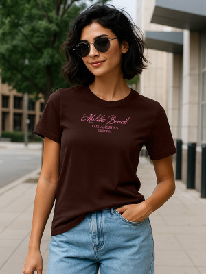 JUNEBERRY Printed Women Round Neck Brown T-Shirt
