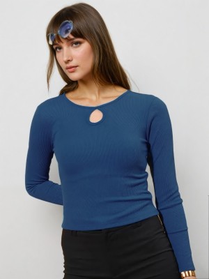 fashionx Solid Women Key Hole Neck Blue T-Shirt