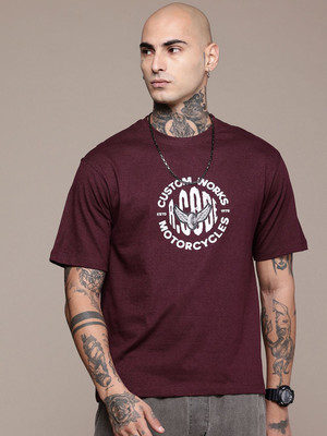 R.Code by The Roadster Life Co. Printed Men Round Neck Maroon T-Shirt