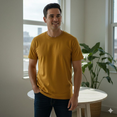Beshvoosha Solid Men Round Neck Yellow T-Shirt
