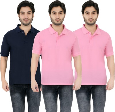 YUALIN CREATION Solid Men Polo Neck Pink T-Shirt