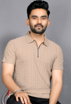 sti Self Design Men Polo Neck Beige T-Shirt