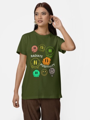 Reifica Printed Women Round Neck Dark Green T-Shirt