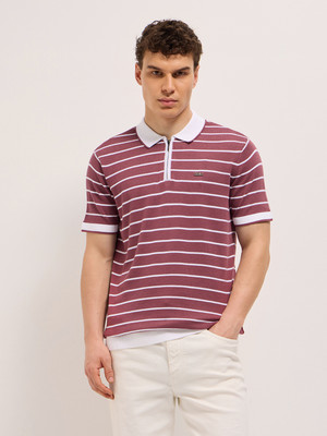 THE BEAR HOUSE Striped Men Polo Neck Maroon T-Shirt