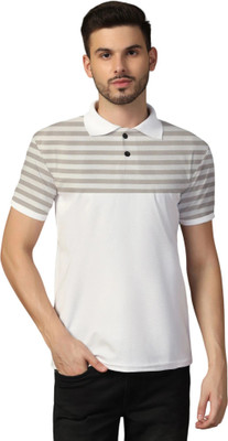 tfurnish Striped Men Polo Neck Grey T-Shirt