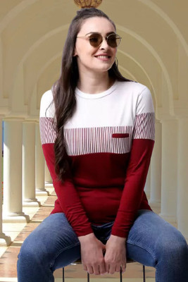 Lowrate Colorblock Women Round Neck Maroon, White T-Shirt