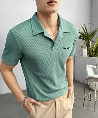 EyeBogler Printed Men Zip Neck Light Green T-Shirt